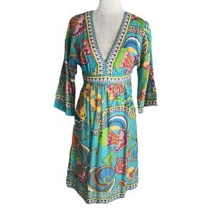 Trina Turk Floral & Metallic Silver Striped 3/4 Bell Sleeve Midi Dress - 4